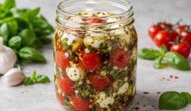 Salată de roșii marinate cu mozzarella și busuioc în borcan