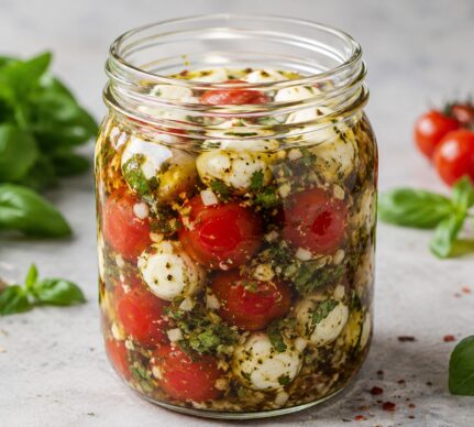 Salată de roșii marinate cu mozzarella și busuioc în borcan