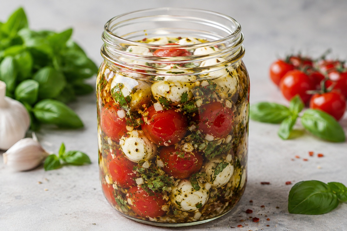 Salată de roșii marinate cu mozzarella și busuioc în borcan