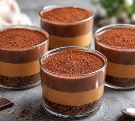 Budincă de ciocolată și caramel, fără coacere, în patru pahare