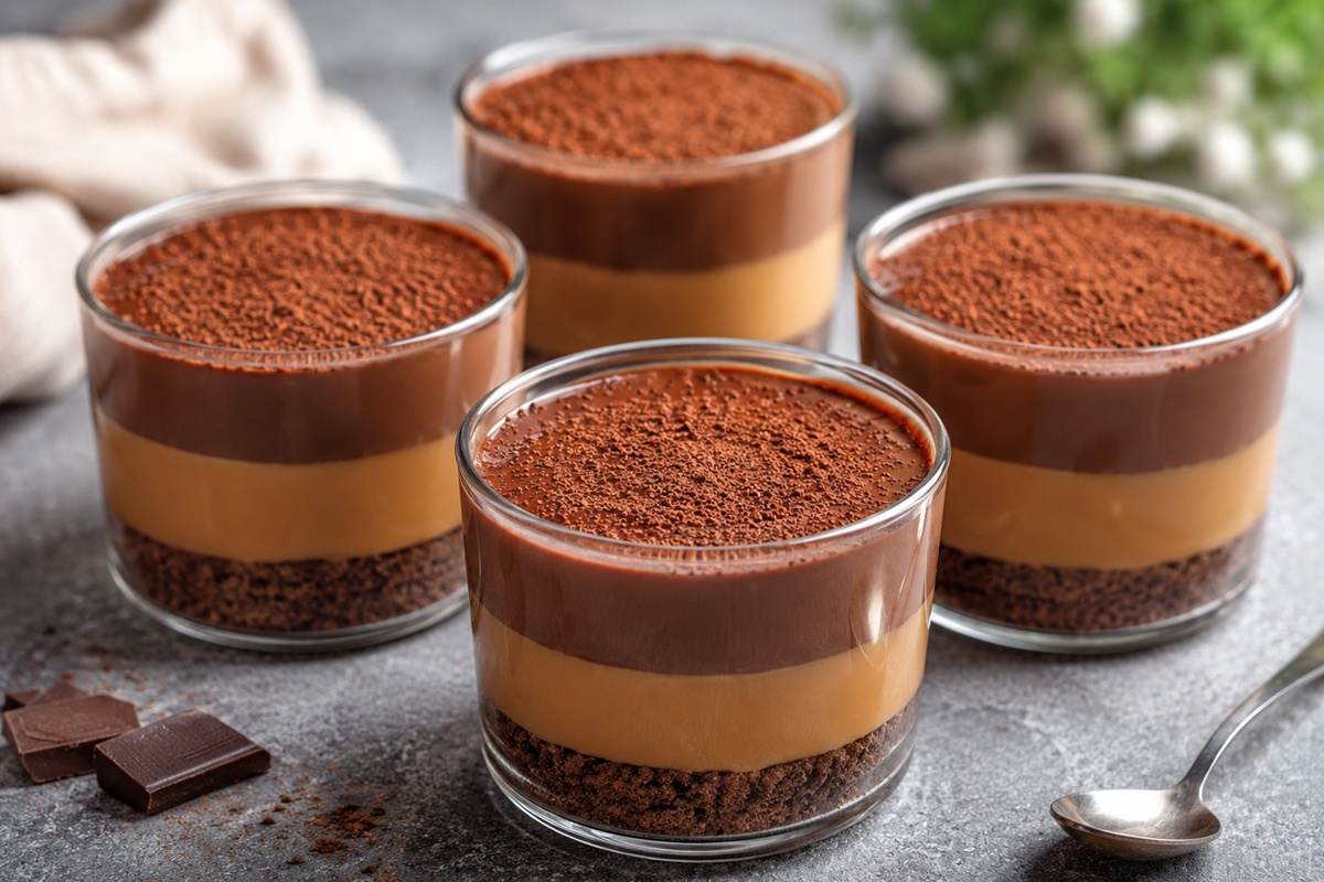 Budincă de ciocolată și caramel, fără coacere, în patru pahare