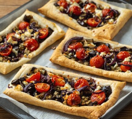 Patru tarte din foietaj cu vinete, roșii cherry, ceapă roșie și brânză feta
