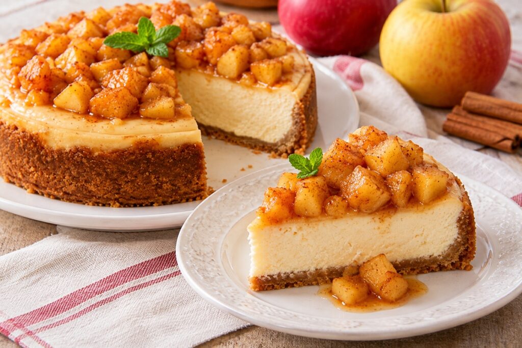 Cheesecake cu mere caramelizate și scorțișoară porționat