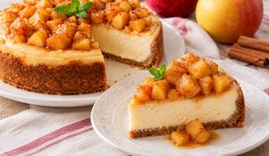 Cheesecake cu mere caramelizate și scorțișoară porționat