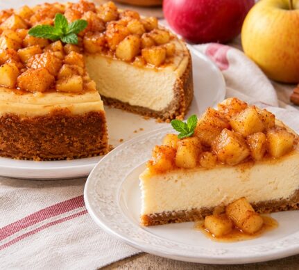 Cheesecake cu mere caramelizate și scorțișoară