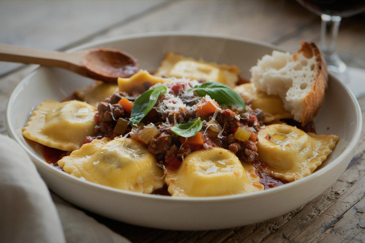 Ravioli cu sos de carne și roșii