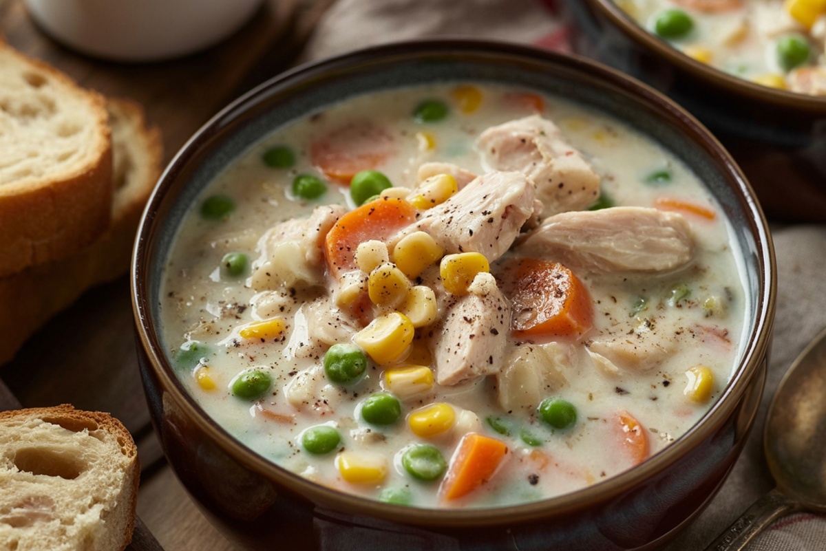 Supă cremoasă de pui cu legume și porumb dulce